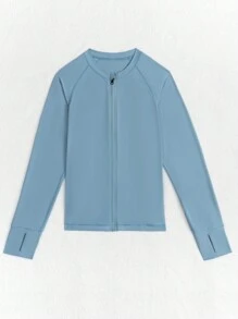 SUPSHUSY 女士纯色拇指孔长袖拉链夹克 - 吸湿排汗、透气、修身运动上衣，弹性十足，适合健身、瑜伽、锻炼、圆领、修身开衫