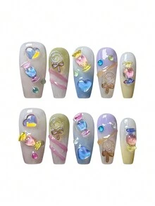 10PCS Fake Nails With Heart Decal Luxurious Shiny Smooth Texture Design False Nails For Nail Salons And DIY Nail Art - Multicolor - View 4