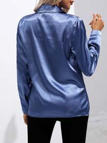 Elegant Lapel Single Button Faux Silk-Like Solid Color Long Sleeve Blouse For Women - Blue - View 2