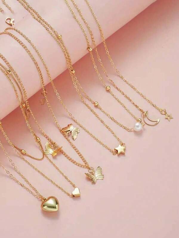 6pcs/Set Vintage Star, Moon, Heart, Faux Pearl & Butterfly Charm Asymmetrical Chain Necklaces, Girls Multi-Element Metal Bead Jewelry