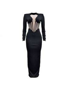 Women Solid Color Mesh Sheer Long Sleeve Fitted Dress - Black - View 5