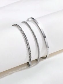 3pcs/Set Stainless Steel Silver C-Shape Adjustable Bangle Bracelet With Chain Suit, Simple & Fashionable Accessory For Men, Suitable For Father's Day, Valentine's Day, Dates, Boyfriend Birthday Gift Valentines