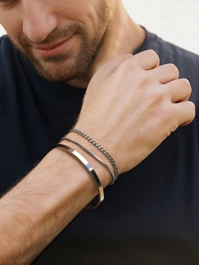 3 件/套不锈钢银色 C 形可调节手镯带链套装，男士简约时尚配饰，适合父亲节、情人节、约会、男朋友生日礼物情人节