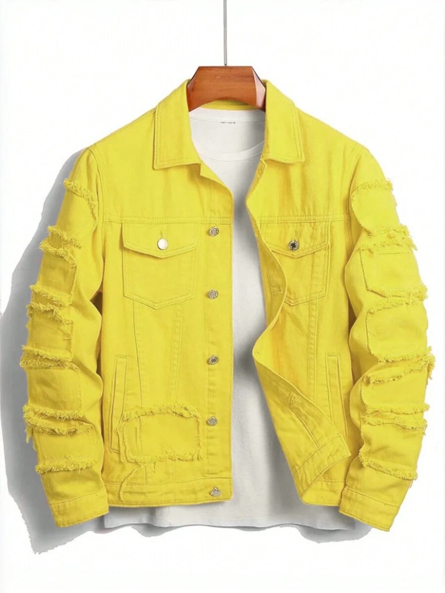 1 pieza Chaqueta de mezclilla amarilla para hombre, para primavera/verano - Amarillo - Ver 1