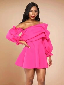 泡泡袖荷叶边不对称领纯色长袖女士派对礼服，优雅鸡尾酒半正式舞会礼服，适合生日、婚礼嘉宾、毕业典礼、晚宴、返校节 - 玫紅色 - 查看 5