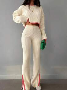 Autumn/Winter New Women's Casual Fashion Short Sleeve Contrast Color Side Slit Knit Set, Round Neck Long Sleeve Cropped Top, Retro Contrast Color, Streetwear, Casual