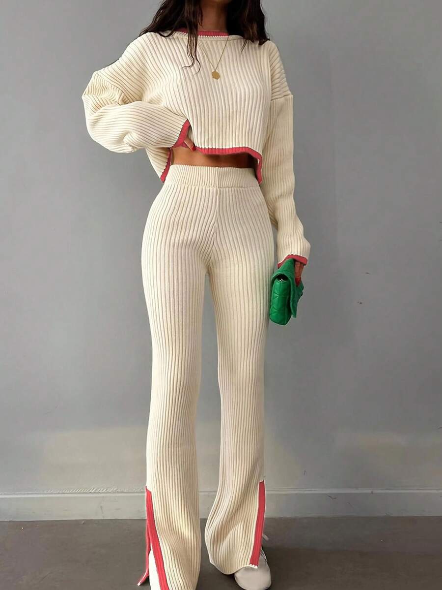 Autumn/Winter New Women's Casual Fashion Short Sleeve Contrast Color Side Slit Knit Set, Round Neck Long Sleeve Cropped Top, Retro Contrast Color, Streetwear, Casual