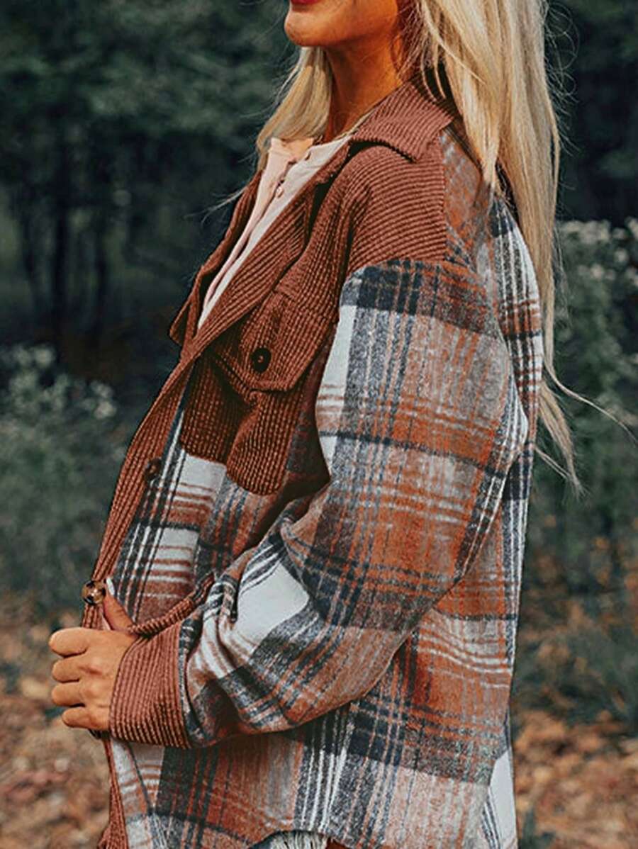 Boho Retro Vintage  90's  Plaid Corduroy Button Patchwork Pocket Loose  Oversized Shacket Cardigan Shirt - 肉桂 - 查看 1