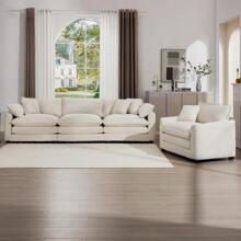 Mid-Century Modern Set Of 2 Sofas With One 3-Seater Sofa And One Single Accent Chair, Light Beige Corduroy Fabric