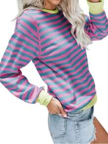 Women's Contrast Stripe Ribbed Splice Raglan Sleeve Sweatshirt - Mauve Purple - View 2
