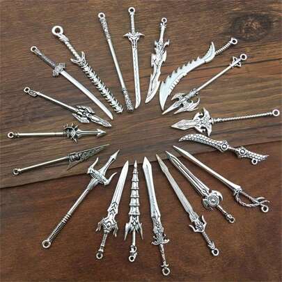 20/30/50/60/80/100pcs Mixed Vintage Silver Color Zinc Alloy Knight Sword, Gun And Bow Charms, Suitable For DIY Weapon Decorations, Jewelry Making And Crafts