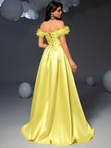 Faeriesty Off-The-Shoulder Ruched Satin Formal Ball Gown, Elegant Evening Wedding Guest Dress, Graduation Ceremony, Cocktail Party Dress - Yellow - View 2