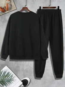 New Autumn Streetwear Rabbit Print Graphic Men's Hoodie And Drawstring Sweatpants With Pockets, Regular Fit - Black - View 3