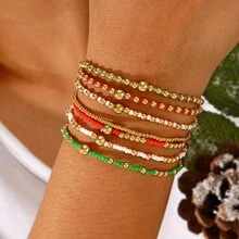 4 件/套 14K 镀金玻璃珠圣诞主题手链套装，适合女性，圣诞节、周年纪念、生日、情侣礼物或最好的朋友礼物 - 彩色 - 查看 5