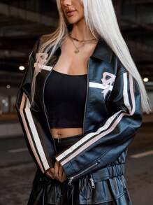 Y2K 街头撞色条纹结饰刺绣拉链前落肩宽松翻领 PU 皮革休闲春秋机车飞行员机车夹克外套音乐节