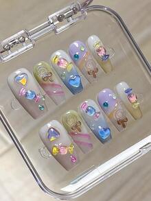 10PCS Fake Nails With Heart Decal Luxurious Shiny Smooth Texture Design False Nails For Nail Salons And DIY Nail Art - Multicolor - View 3