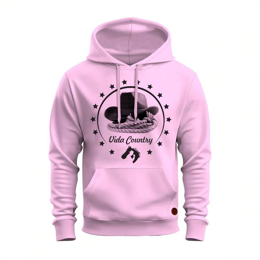 Unisex Printed Cotton Kangaroo Sweatshirt Country Life Hat - 淺粉色 - 查看 1