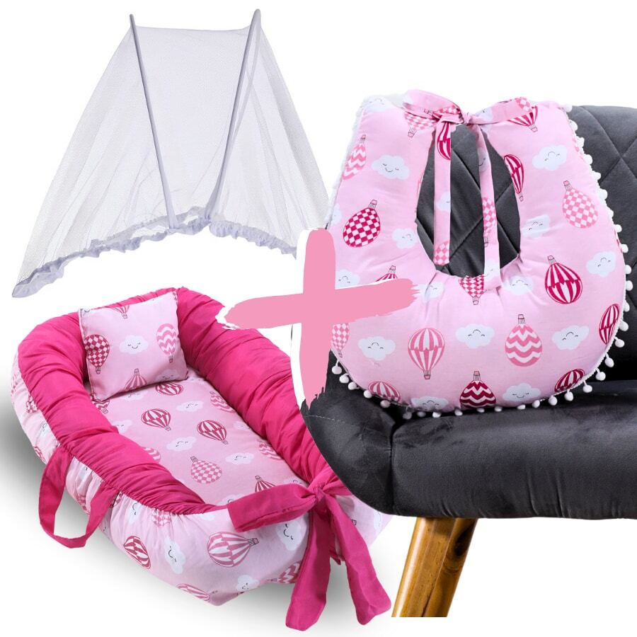 MeF Mae e Filho Baby Crib Reducer Nest Kit + Breastfeeding Pillow + Removable Portable Mosquito Net - Bóng hồng - Xem 1