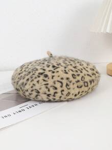 1 pièce Béret en tricot rétro sexy et moelleux avec imprimé léopard bicolore pour femme. Chaud pour l'automne, convient pour une sortie quotidienne et pour assortir - Imprimé léopard en peluche - Voir 3