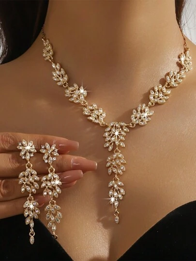 2pcs Luxury Crystal Tassel Bridal Necklace & Earrings Set, Sexy Alloy Jewelry With Sparkling Crystals, Suitable For Party, Holiday, Thanksgiving And Other Occasions, Elegant Women Accessories