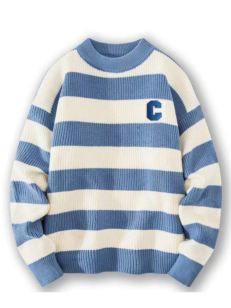 Men Striped & Letter Pattern Drop Shoulder Sweater
