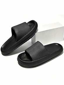 New Fashionable Men's Black Striped Slide Sandals, Thick EVA Sole, Quiet, Anti-Slip, Breathable, Comfortable For Home, Bathroom, Water-Resistant, Quick-Drying (For Wide Feet, Suggest Ordering One Size Up) - Black - View 7