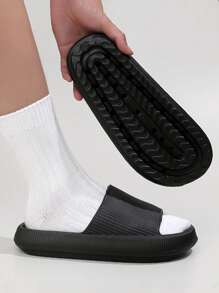 New Fashionable Men's Black Striped Slide Sandals, Thick EVA Sole, Quiet, Anti-Slip, Breathable, Comfortable For Home, Bathroom, Water-Resistant, Quick-Drying (For Wide Feet, Suggest Ordering One Size Up) - Black - View 4