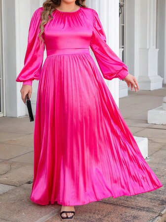 Vestido de satén de manga farol elegante con pliegues midi para mujeres de talla grande