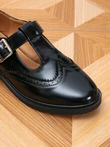 Women's Round Toe Side Button Flat Shoes Black Thick Sole Brogue Loafers, Spring Autumn,Mary Janes - Black - View 7