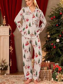 女士两件套圣诞睡衣套装长袖纽扣睡衣睡衣柔软睡衣休闲套装