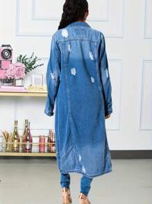 Denim Trench Coat Women Spring And Autumn New European And American Fashion Selling Retro Medium Long Coat Blouse - 藍色 - 查看 3