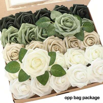 25 Pcs Real-Looking Emerald Green Ombre Foam Roses With Stems For DIY Wedding Bouquets, Bridal Showers, And Centerpieces - Sage Green Floral Arrangements For Home Decoration, Valentine Day, Gift Gifts Birthday Graduation