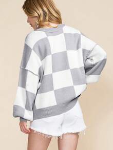 圆领格纹灰色主教袖优雅毛衣，长袖上衣