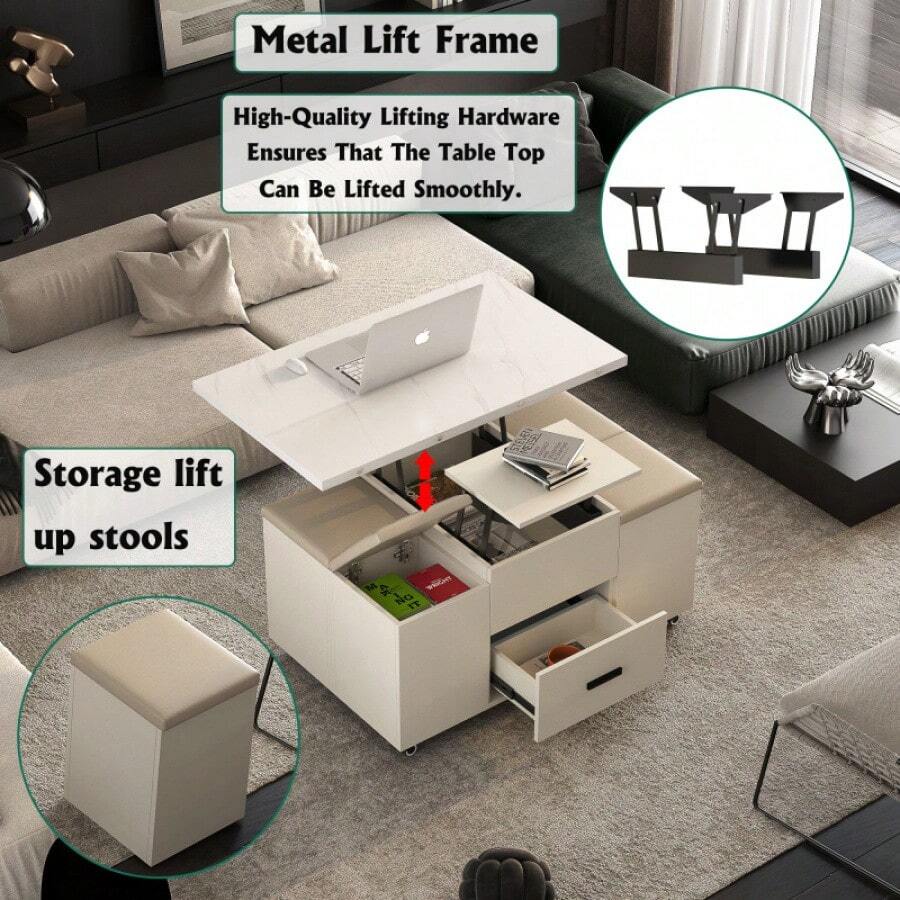 Modern LiftUp Coffee Table With 4 Stools Set For Living Room