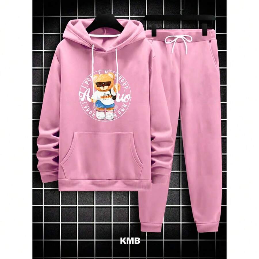 Adult Bear Sweatshirt Set Kangaroo Cold Weather Top And Pants With Pocket Hood Top - Màu Hoa hồng đỏ - Xem 1