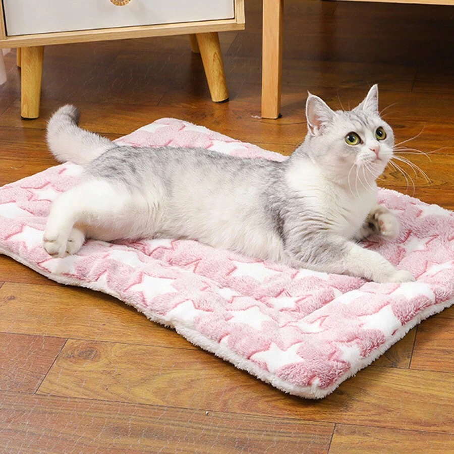 1 件法兰绒加厚五角星图案宠物垫，可清洗，适合小型/中型/大型犬和猫，秋冬季保暖 - 粉色 - 查看 1