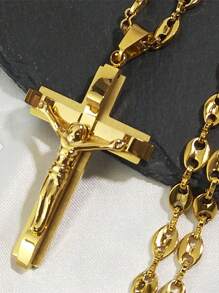 Jesus Cross Crucifix Pendant Necklace For Men Stainless Steel Gold Color Christian Coffee Bean Chain,Father's Day Gift, The Perfect Gift For Family And Friends