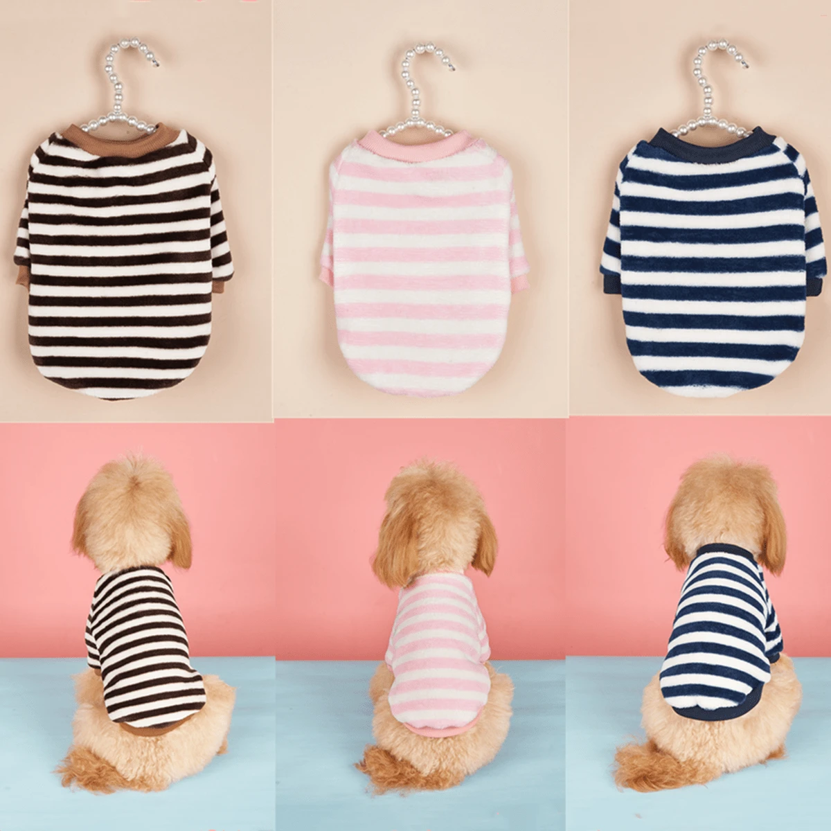 1 chiếc áo khoác trùm đầu ấm áp cho chó Poodle Teddy, áo nỉ kẻ sọc lông cừu sang trọng, mùa thu/đông - Màu xanh hải quân - Xem 1
