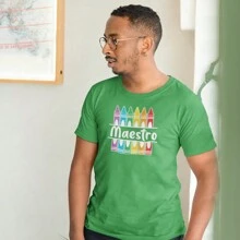 Teacher's Day Crayons Print Short Sleeve T-Shirt - 綠色 - 查看 3