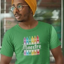 Teacher's Day Crayons Print Short Sleeve T-Shirt - 綠色 - 查看 5