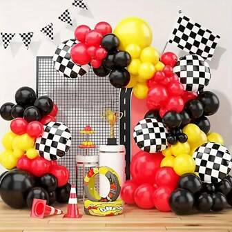 Racing Car Birthday Balloon Arch Kit - Red, Yellow And Black Balloons, Checkered Balloons - Great For Sports, Trucks, Off-Road, Bicycles, Motorcycles And Family Birthday Parties -  Star