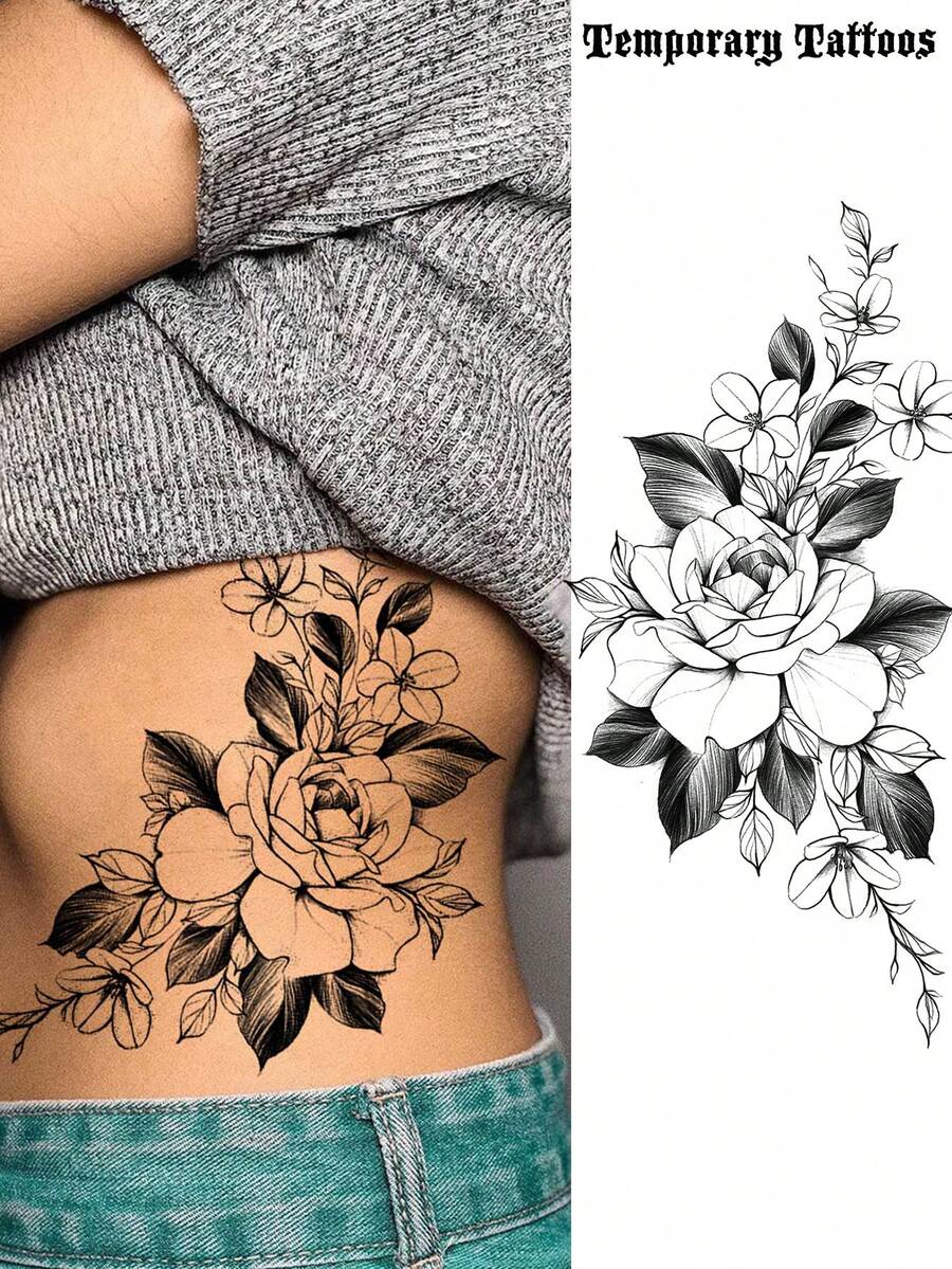 1 张性感黑玫瑰花朵临时纹身，适用于女性、男性、成人手臂、腿部、大腿、前臂、袖子、小腿，3D 花卉防水持久逼真假纹身贴纸 - 黑色 - 查看 1