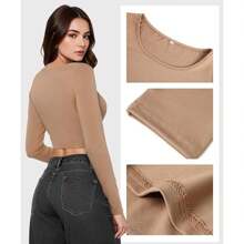 Solid Color Women's Long Sleeve Cropped Top, Low Crewneck, Sexy Slim Fit, Casual Basic Layer, Lightweight And Soft, Sweatshirt For Outdoor Wear - 棕色 - 查看 4