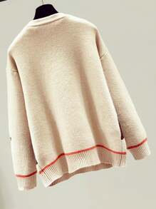 Cartoon Pattern Long Sleeve Knit Sweater, Elegant Texture Knit Top, Women Wear, No Skirt, Spring Season - Khaki - View 2