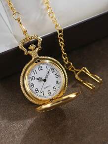 1pc Vintage Flip Cover Exquisite Carved Gold Pocket Watch, Memorial Classic Quartz Numerical Locomotive Watch