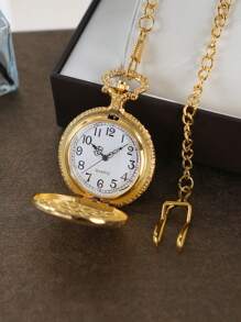 1pc Vintage Flip Cover Exquisite Carved Gold Pocket Watch, Memorial Classic Quartz Numerical Locomotive Watch