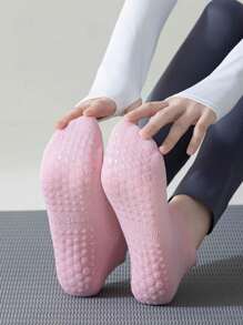 3 双女士瑜伽袜，防滑，适合所有季节，短款普拉提舞蹈健身袜，黑色、白色、粉色，健身房，秋季 - 彩色 - 查看 4