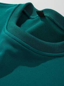 男士纯色圆领长袖套头运动衫，日常休闲穿着 - 橄欖綠 - 查看 4