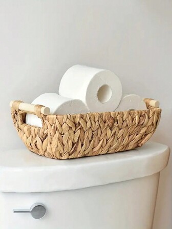 1 st trähandtag dekorerad vattenhyacint flätad korg - multifunktionsförvaringsbehållare för badrum, sovrum och vardagsrum