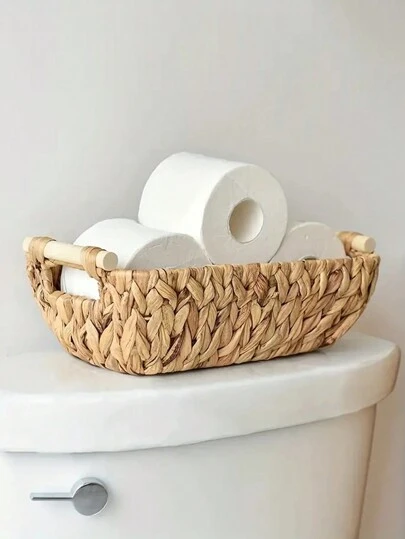1pc Wooden Handle Decorated Water Hyacinth Wicker Basket - Multi-Purpose Storage Container For Bathroom, Bedroom And Living Room